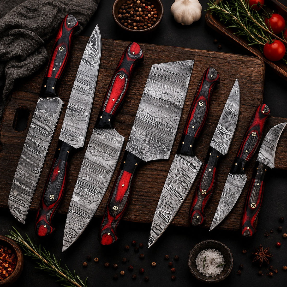 Crimson Edge Damascus Knife Set
