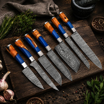 Azure Edge Damascus Steel Chef Knife Set – Blue Resin & Olive Wood Handles