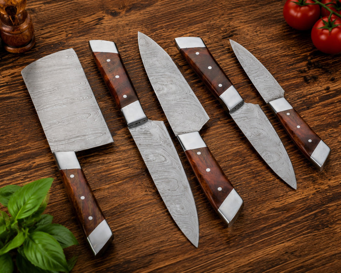 Premium 5-Piece Damascus Steel Chef Knife Set with Wooden Handles