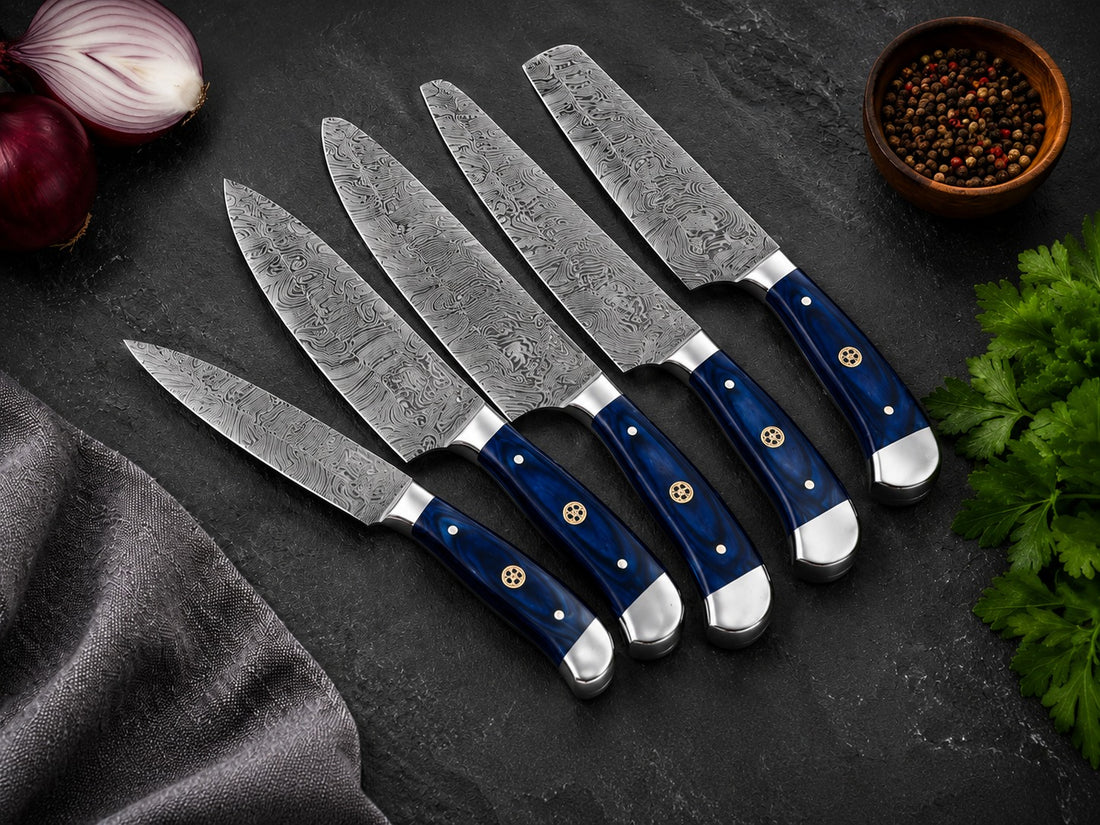 Elite Damascus Kitchen Knife Set – Blue Wood Resin Handles