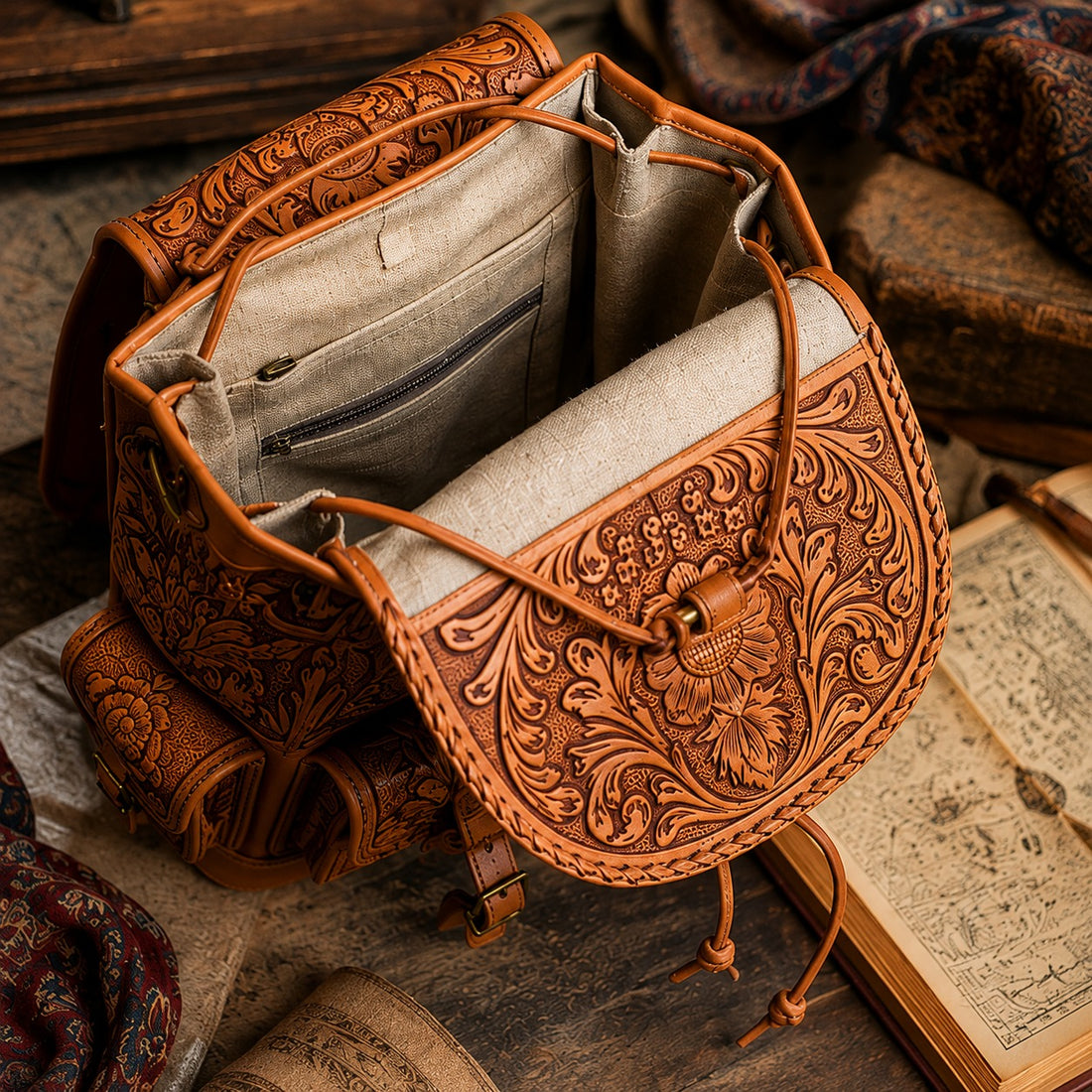 Heritage Bloom Handcrafted Leather Backpack