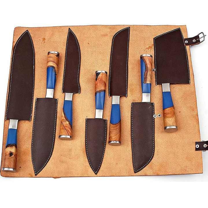 Azure Edge Damascus Steel Chef Knife Set – Blue Resin & Olive Wood Handles