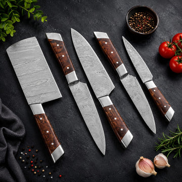 Premium 5-Piece Damascus Steel Chef Knife Set with Wooden Handles