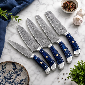 Elite Damascus Kitchen Knife Set – Blue Wood Resin Handles