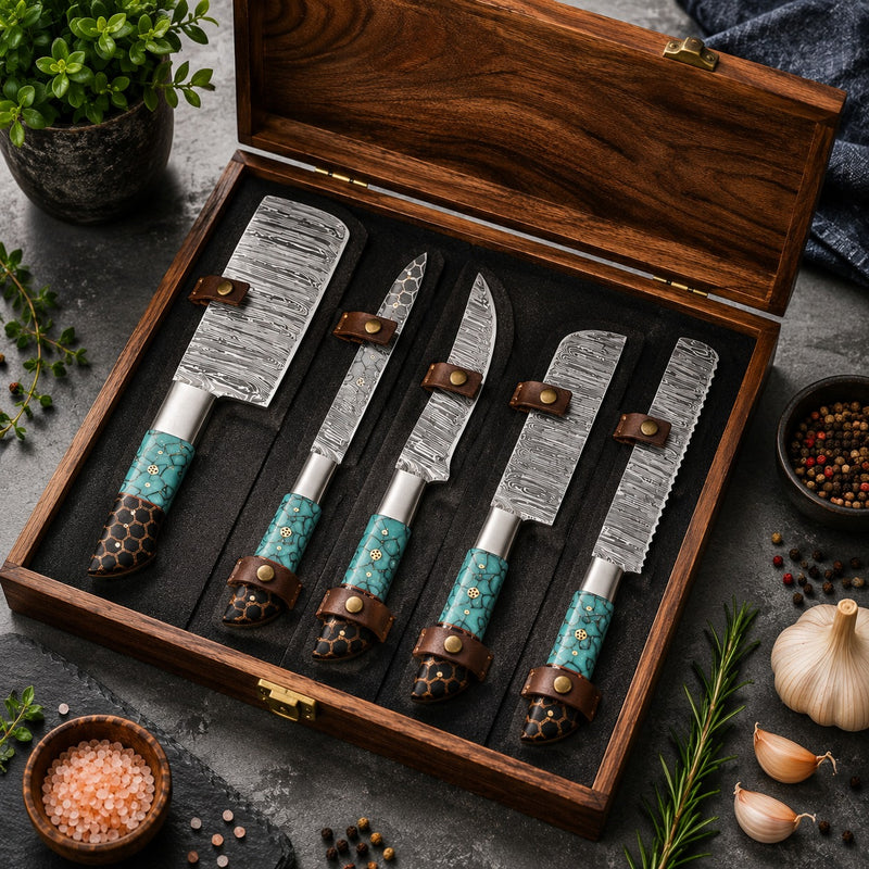 Turquoise Forge Damascus Knife Set