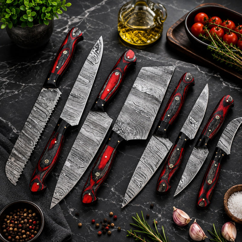 Crimson Edge Damascus Knife Set